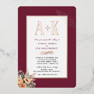 Elegant floral burgundy 5" x 7" Foil Invitation