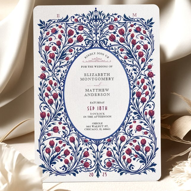 Elegant Floral Burgundy and Navy Wedding Invitation (Creator Uploaded)