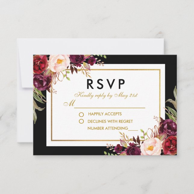 Elegant Floral Burgundy Black Gold Wedding RSVP Card (Front)