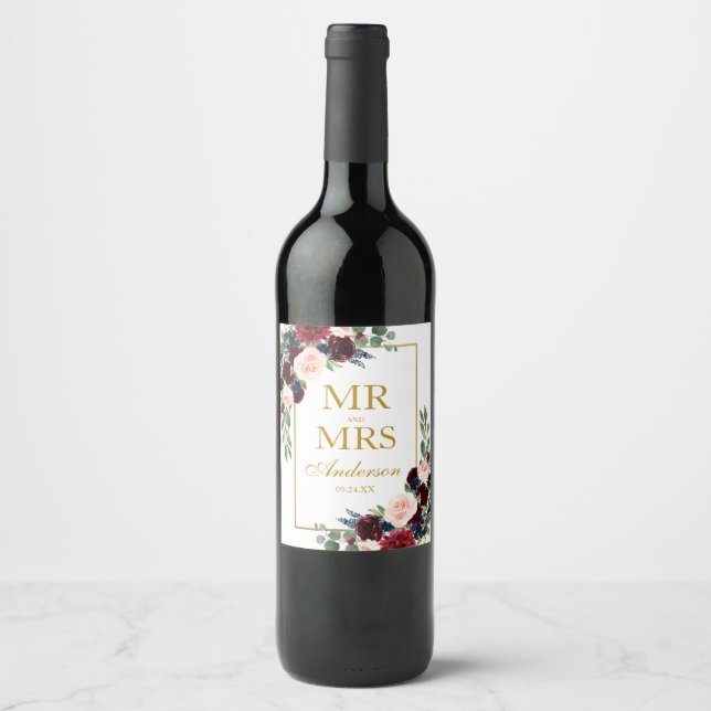 Elegant Floral Burgundy Blue Gold Wedding Wine Label (Front)