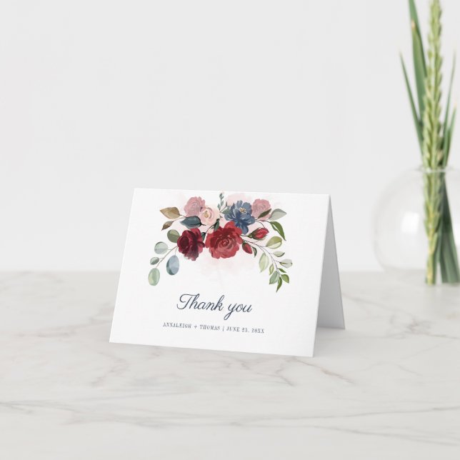 Elegant Floral Burgundy Eucalyptus Wedding Thank You Card (Front)