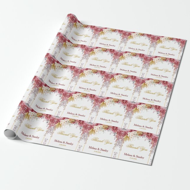 Elegant Floral Burgundy Gold Eucalyptus Wedding Wrapping Paper (Unrolled)