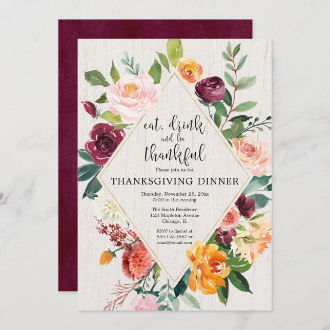 Elegant floral burgundy gold Thanksgiving Dinner Invitation (Front/Back)