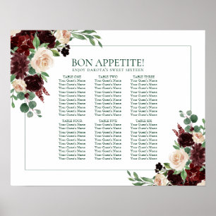 Elegant Floral Burgundy Marsala Frame Wedding Poster