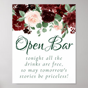 Elegant Floral   Burgundy Marsala Open Bar Sign