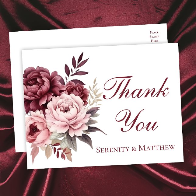 Elegant Floral Burgundy Peony Wedding Thank You Postcard (Creator Uploaded)