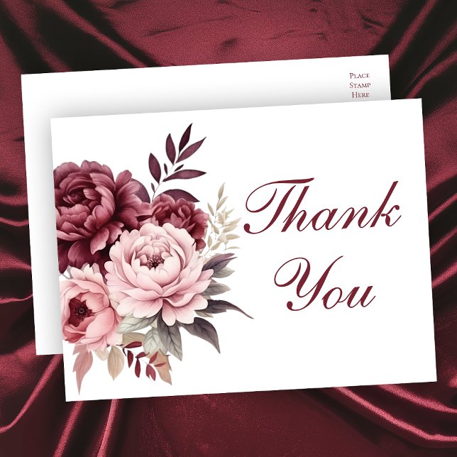 Elegant Floral Burgundy Peony Wedding Thank You Postcard (Creator Uploaded)