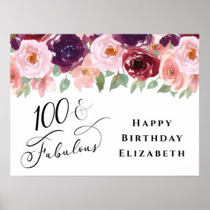 Elegant Floral Burgundy Pink 100th Birthday Party Poster
