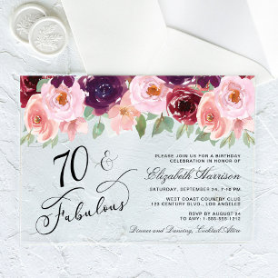Elegant Floral Burgundy Pink 70th Birthday Party Acrylic Invitations