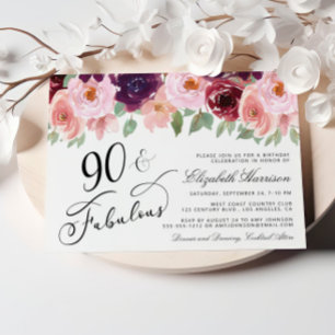 Elegant Floral Burgundy Pink 90th Birthday Party Invitation