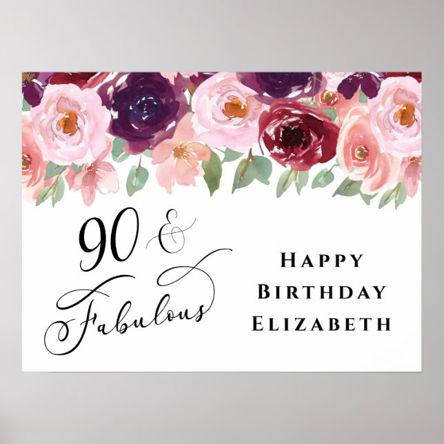 Elegant Floral Burgundy Pink 90th Birthday Party Poster (Front)