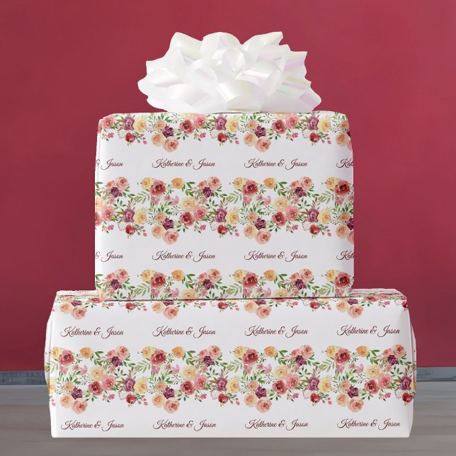 Elegant Floral Burgundy Red Monogram Wedding Wrapping Paper (Creator Uploaded)