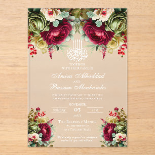 Elegant Floral Burgundy Roses 2 Islamic Wedding Acrylic Invitations