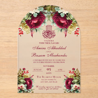 Elegant Floral Burgundy Roses 3 Islamic Wedding Acrylic Invitations