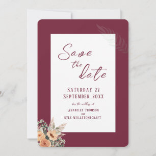 Elegant floral burgundy Save the Date flat card