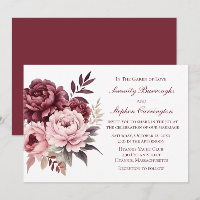 Elegant Floral Burgundy Watercolor Peony Wedding Invitation (Front/Back)