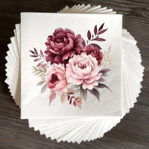 Elegant Floral Burgundy Watercolor Peony Wedding Napkin