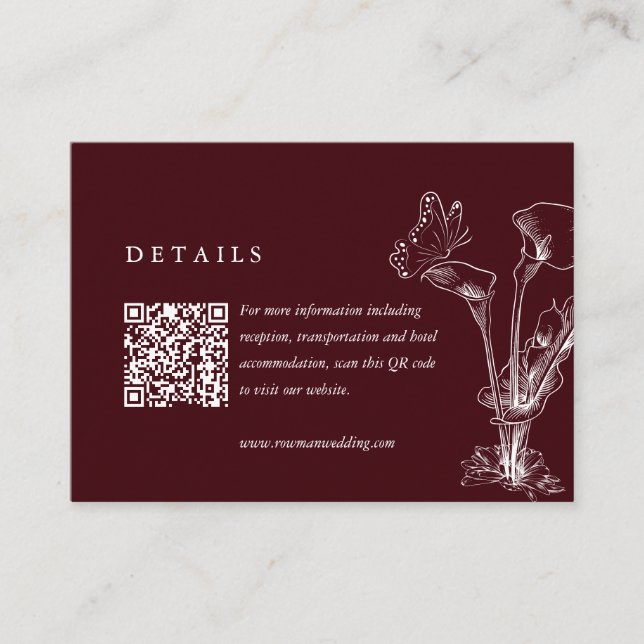 Elegant Floral Burgundy Wedding Details QR Code  Enclosure Card (Front)