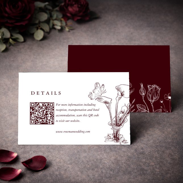 Elegant Floral Burgundy Wedding Details QR Code  Enclosure Card (Creator Uploaded)