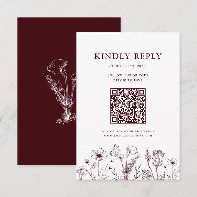 Elegant Floral Burgundy Wedding QR Code RSVP Card (Front/Back)