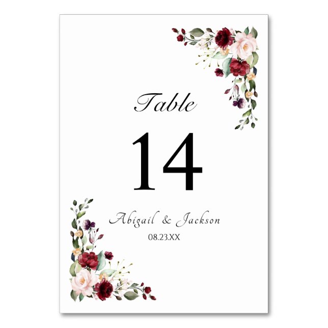 Elegant Floral Burgundy Wedding Reception Seating Table Number (Front)