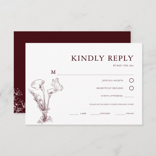 Elegant Floral Burgundy Wedding  RSVP Card (Front/Back)