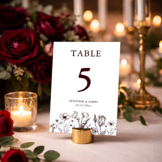 Elegant Floral Burgundy Wedding Table Number