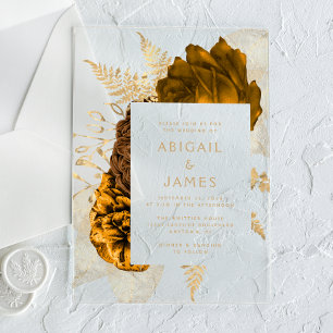 Elegant Floral Burnt Orange Gold Wedding Acrylic Invitations