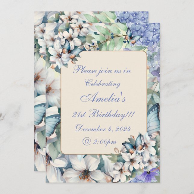 Elegant Floral & Butterflies Birthday Invitation (Front/Back)