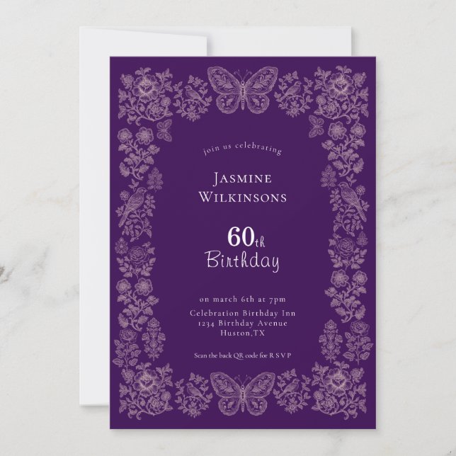 Elegant Floral Butterfly 60th Birthday Invitation  (Front)