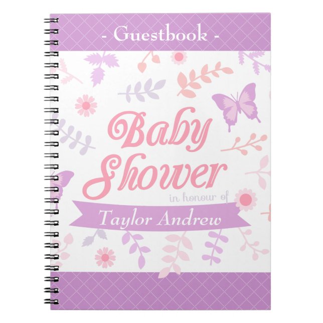 Elegant Floral Butterfly Baby Shower Guestbook Spiral Notebook (Front)