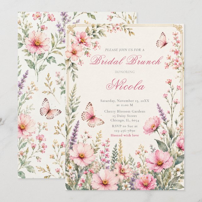 Elegant Floral Butterfly Brunch Invitation (Front/Back)