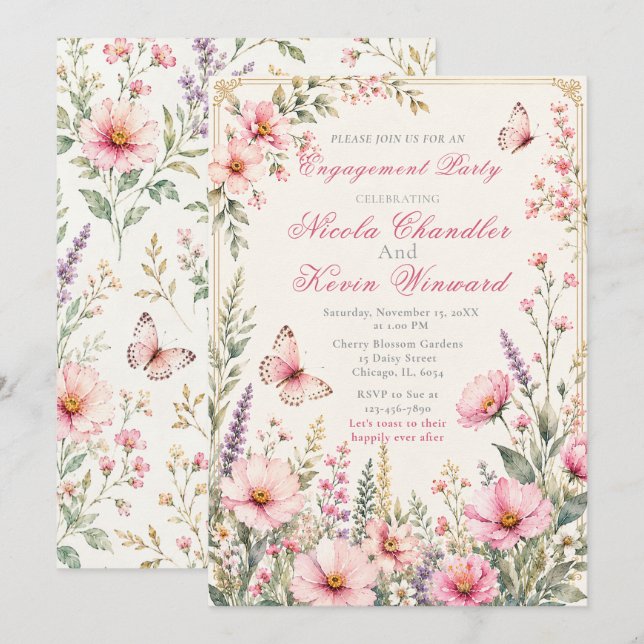 Elegant Floral Butterfly Engagement Invitation (Front/Back)