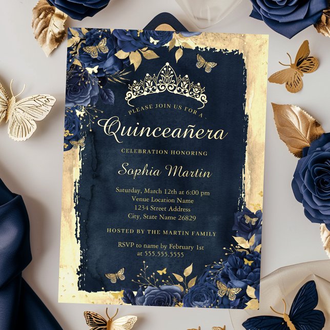 Elegant Floral Butterfly Navy Gold Quinceanera  (Creator Uploaded)