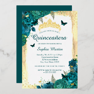 Elegant Floral Butterfly Teal Gold Quinceanera 