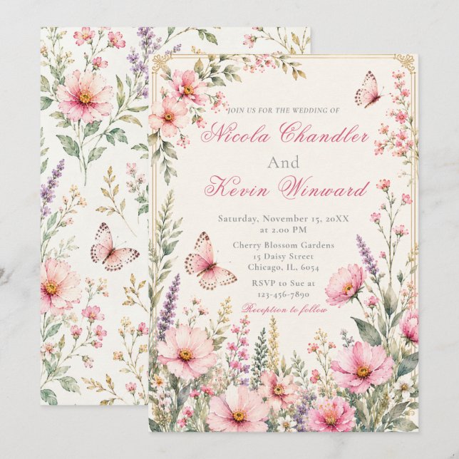 Elegant Floral Butterfly Wedding Invitation (Front/Back)