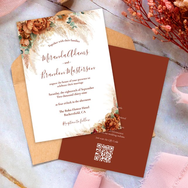 Elegant Floral Calligraphy QR CodeBoho Wedding Invitation (Creator Uploaded)