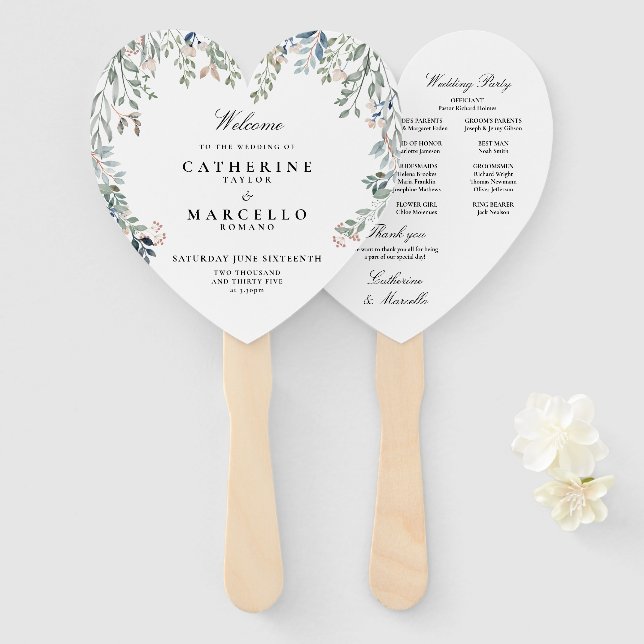 Elegant Floral Cascade Wedding Program Hand Fan (Front and Back)
