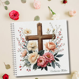 Elegant Floral Catholic Cross Personalised Notebook