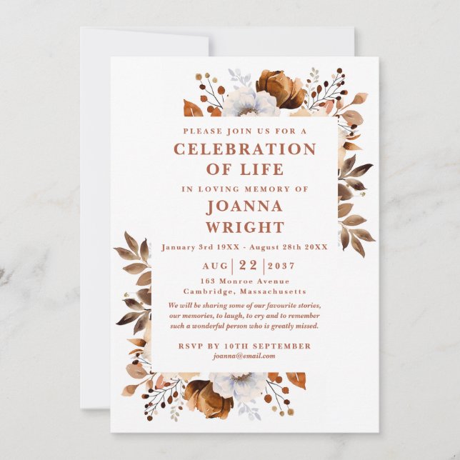 Elegant Floral Celebration Of Life Funeral Invitation (Front)