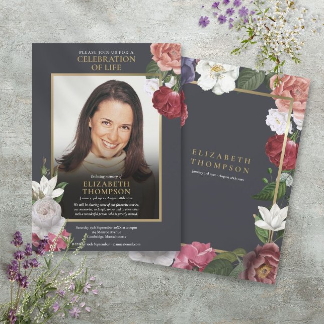 Elegant Floral Celebration of Life Funeral Photo Invitation (Elegant Floral Celebration of Life Funeral Photo Invitation)