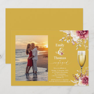 elegant floral champagane glass wedding engagement invitation