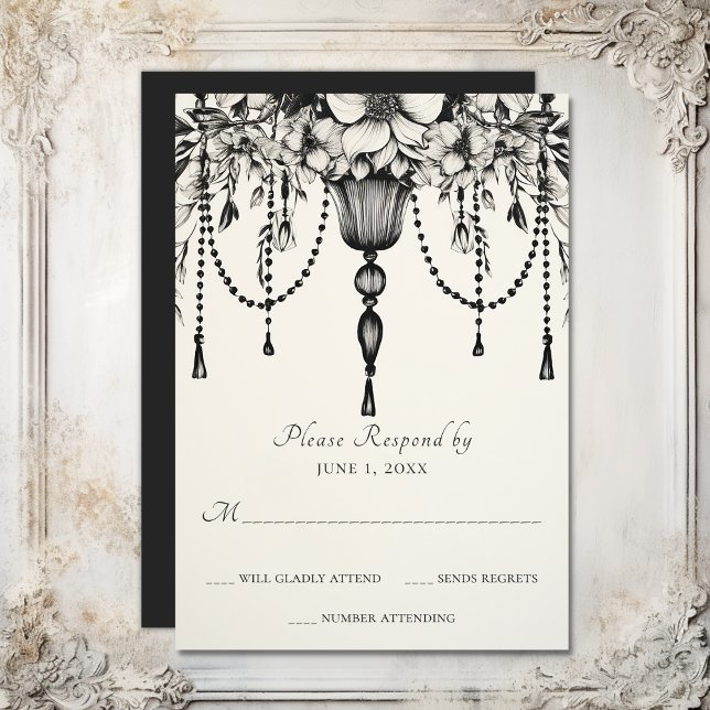 Elegant Floral Chandelier Black and White Wedding  RSVP Card (Elegant Floral Chandelier Black and White Wedding RSVP Card)