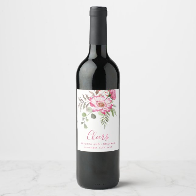 Elegant Floral Cheers Wedding Wine Label (Front)