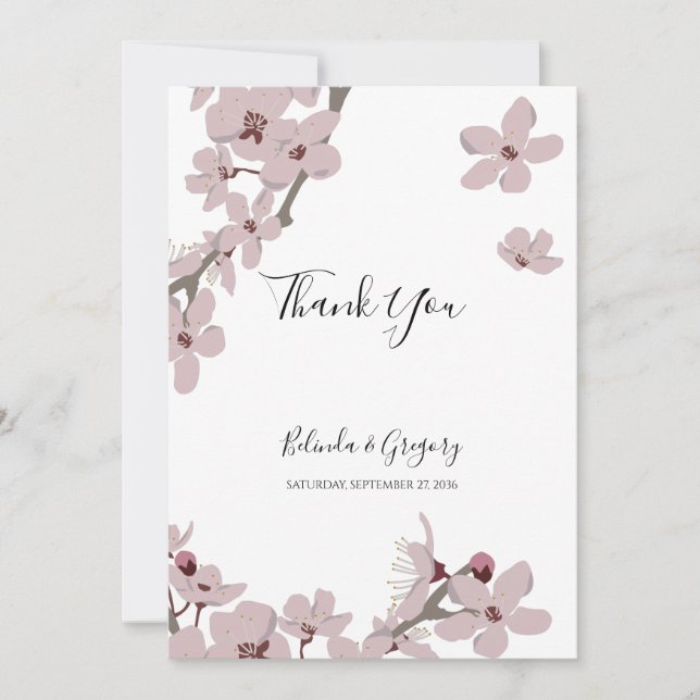 Elegant Floral Cherry Blossom Wedding  Thank You Card (Front)