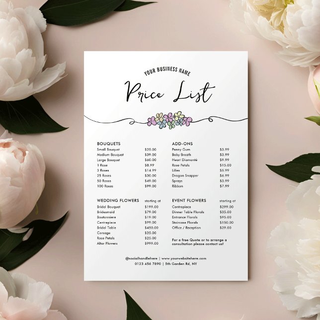 Elegant Floral Chic Florist Business Price List (Elegant hand drawn floral price list design with fully editable text and layout)