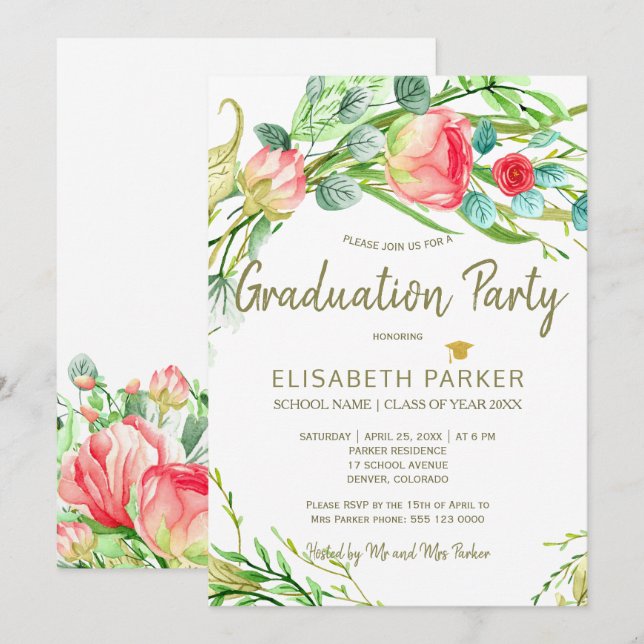Elegant floral chic garden roses graduation party invitation (Front/Back)