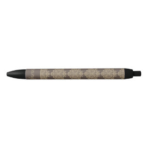 Elegant floral chic gold damask pattern black ink pen