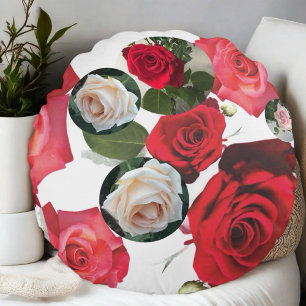 Elegant floral chic red,cream pink white roses Round Cushion