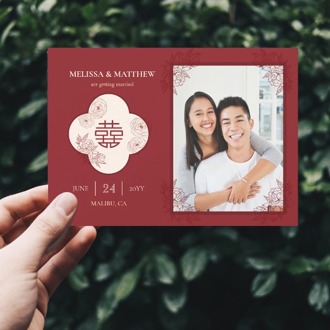 Elegant Floral Chinese Wedding Photo Save the Date (Elegant Floral Chinese Wedding Photo Save the Date)